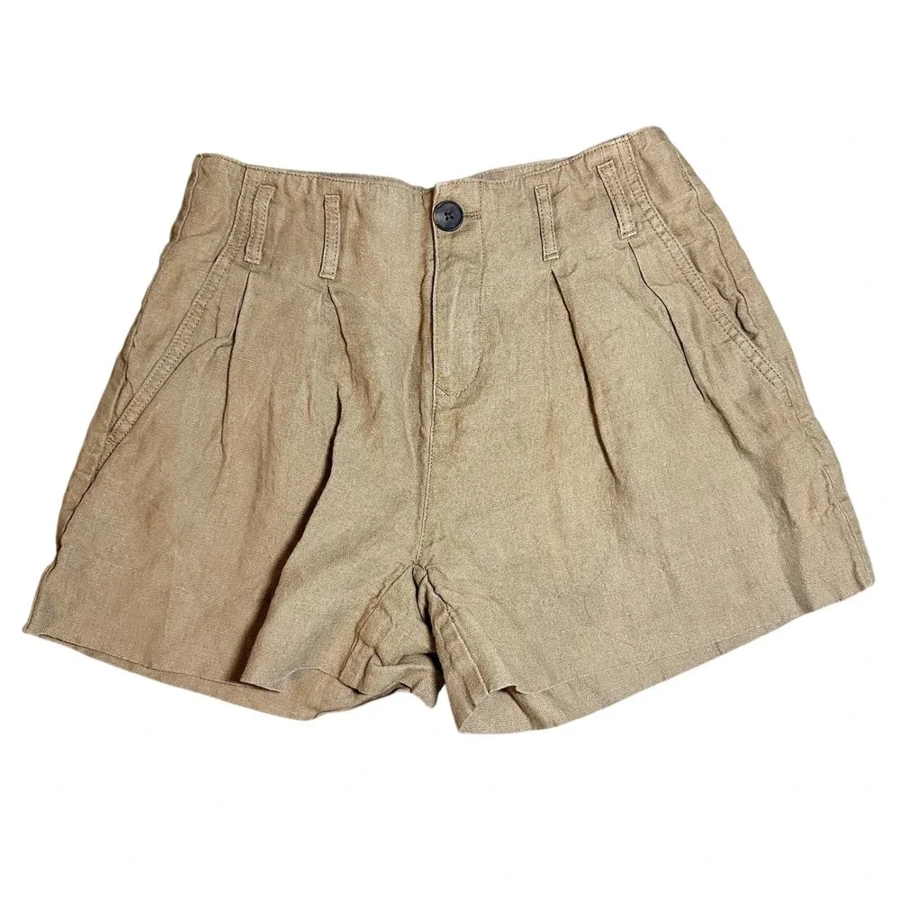 Banana Republic Petite Khaki Tan 100% Linen Pleated High Rise Shorts Women 00P - Picture 1 of 9